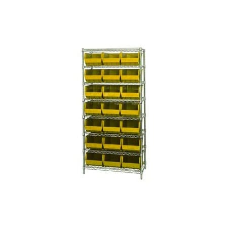 Global Industrial Chrome Wire Shelving With 21 Giant Plastic Stacking Bins Yellow, 36x18x74 268930YL